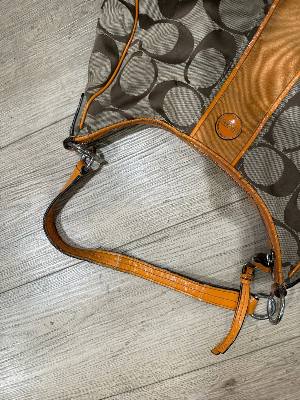 Coach Brown Signature Canvas Shoulder Bag with Orange Trim